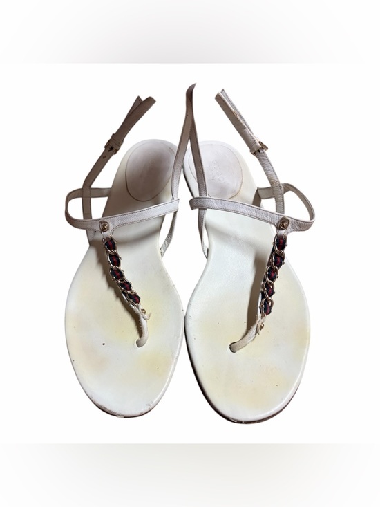 Gucci Shoes - Gucci Ivory T-Strap Sandals with Chain Accent